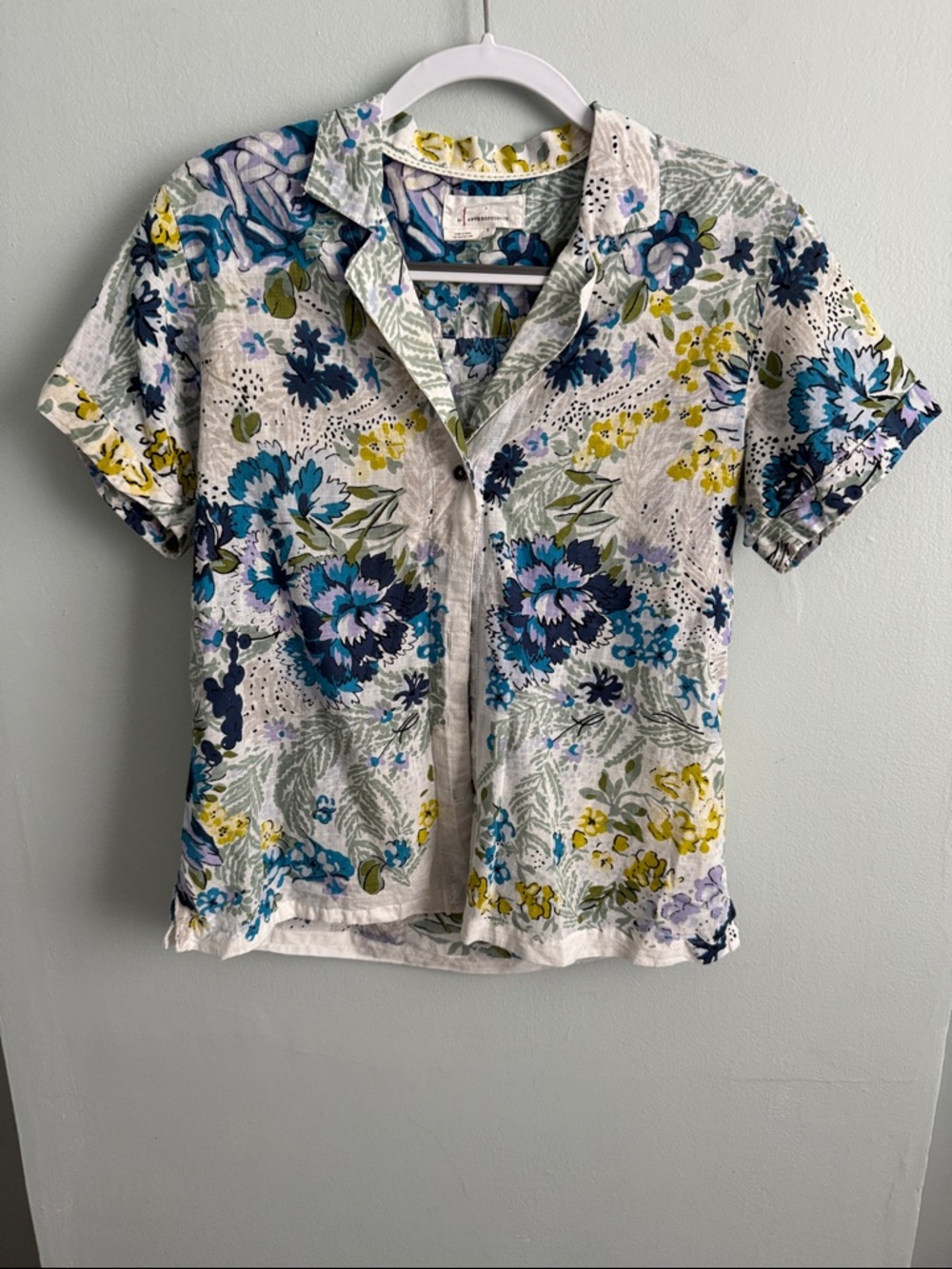 Anthropologie Floral Button-Up in Blue, Teal, Lavender, Yellow
